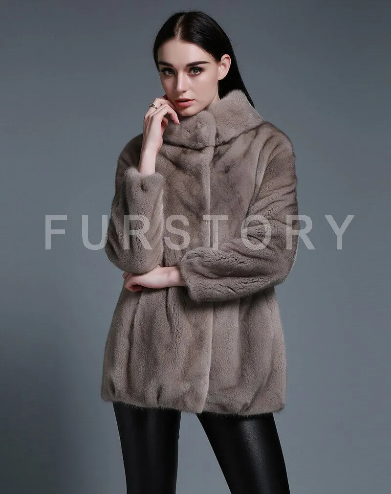 Women's Genuine Mink Fur Coat Long Sleeve Silver Blue Color Color Outerwear 161207