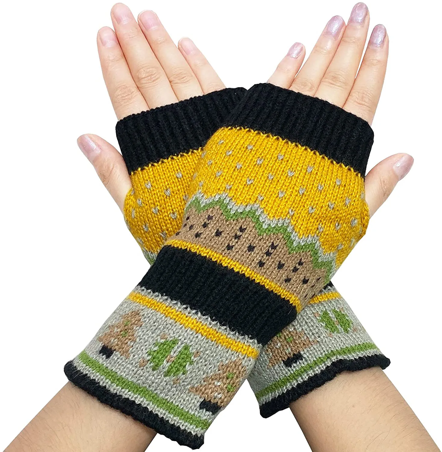 Woogwin Women's Knitted Fingerless Gloves Winter Arm Warmers Thumb Hole Mittens