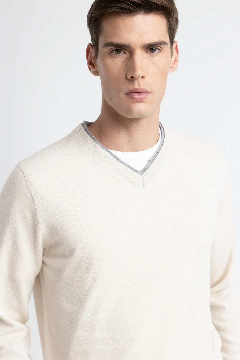 Wool, silk and cashmere V neck sweater