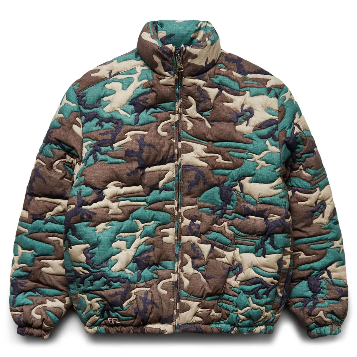 WOVEN CAMO QUILTED PUFFER COAT