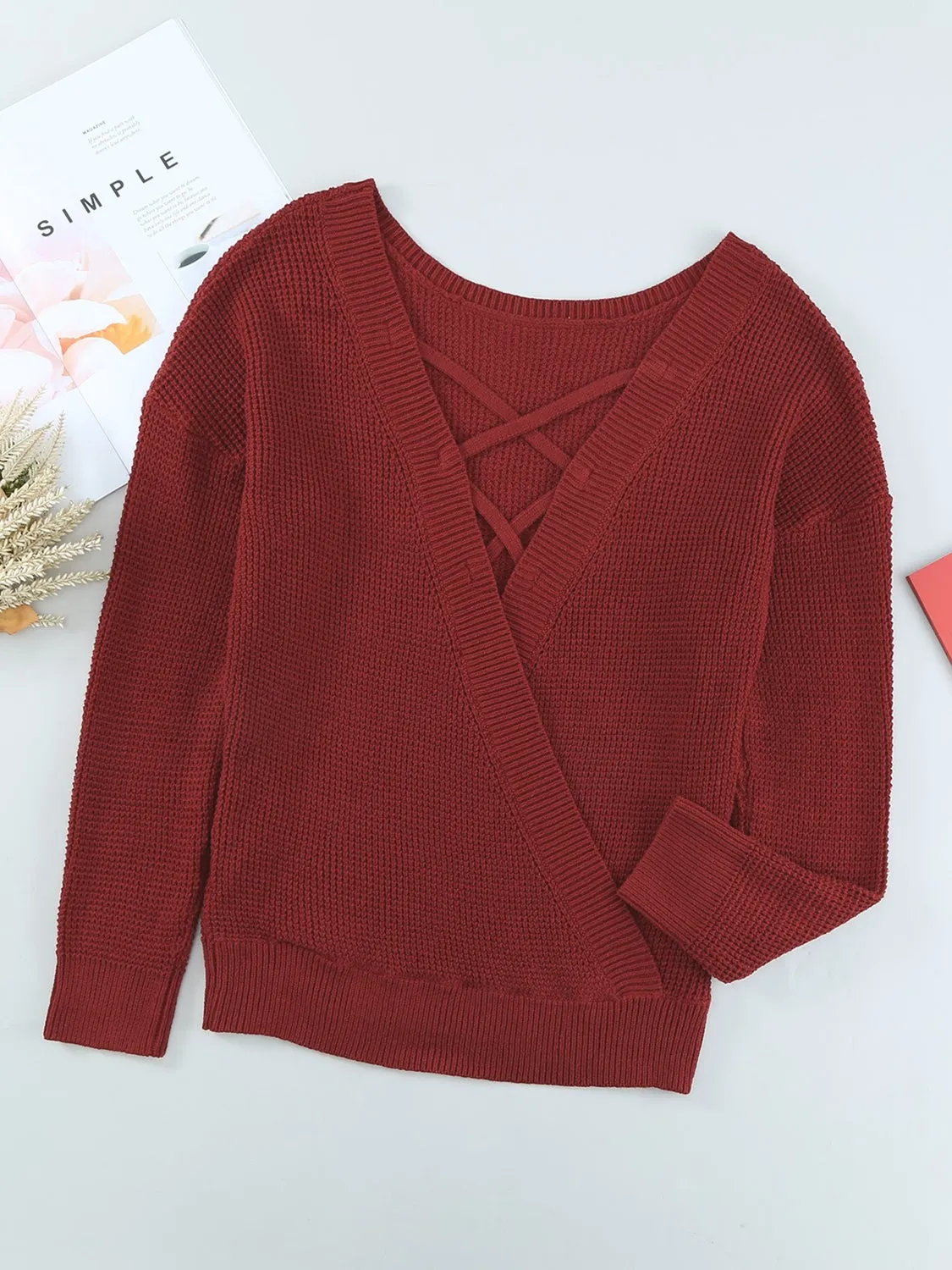 Woven Right Crisscross Back Waffle-Knit Sweater