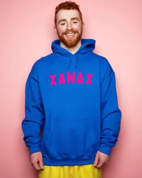 Xanax in florescent pink on blue -  pullover hoodie.