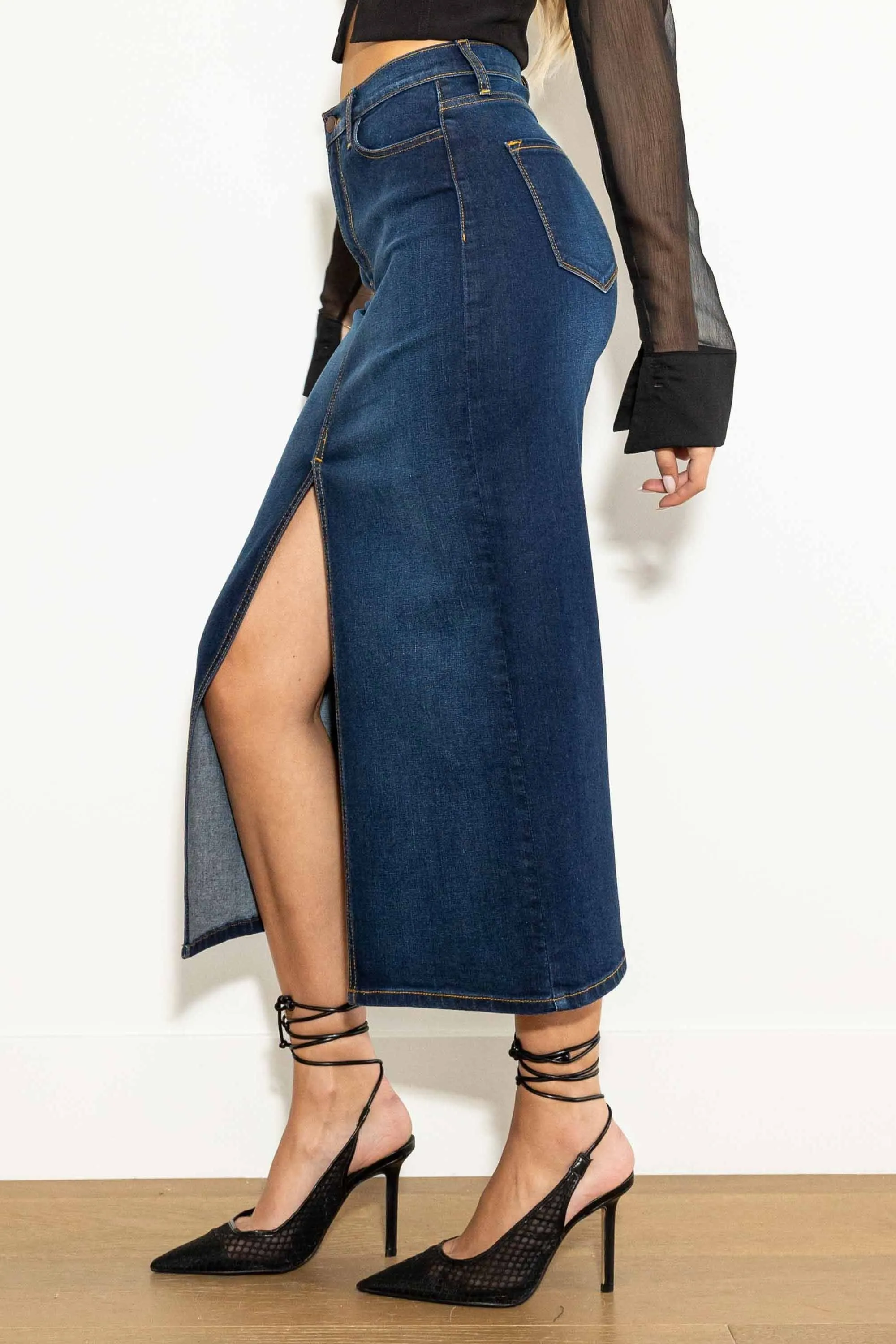 Y2K Front Slit Column Denim Skirt