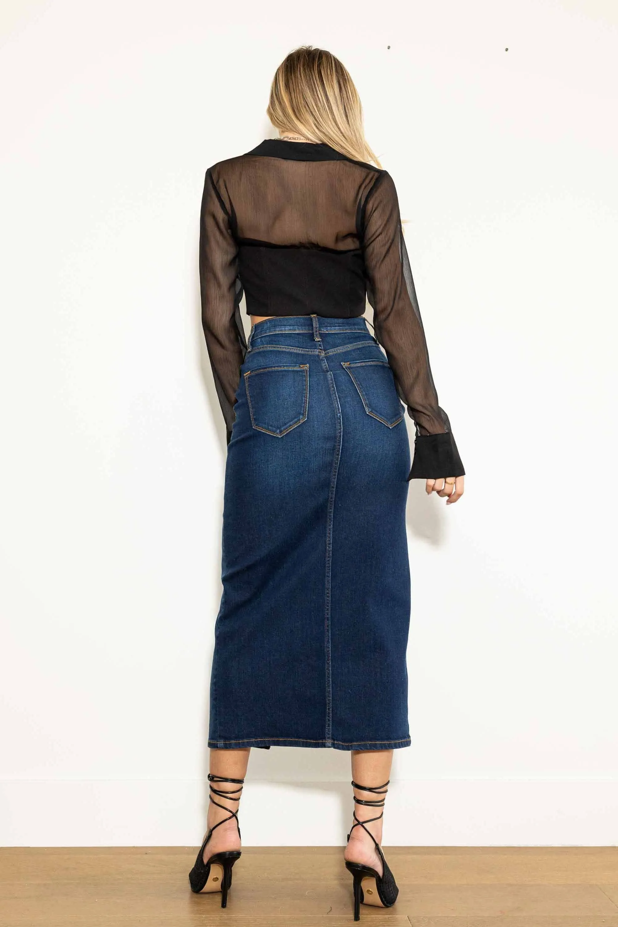 Y2K Front Slit Column Denim Skirt