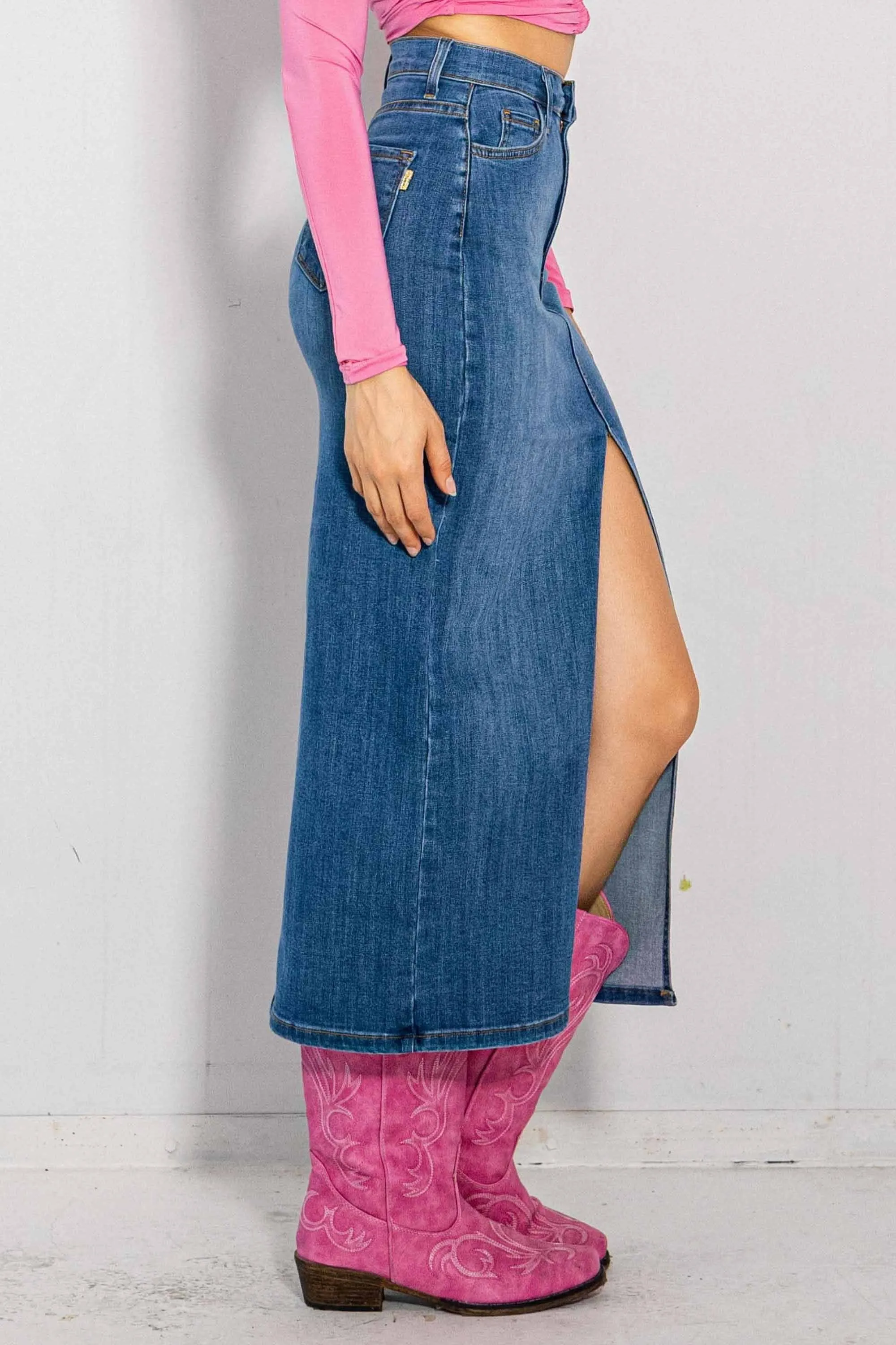 Y2K Front Slit Column Denim Skirt