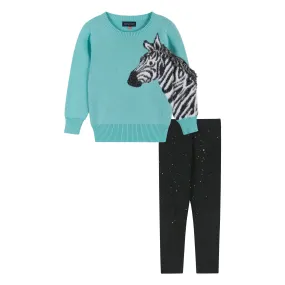 Zebra Fringe Sweater & Legging Set  | Aqua