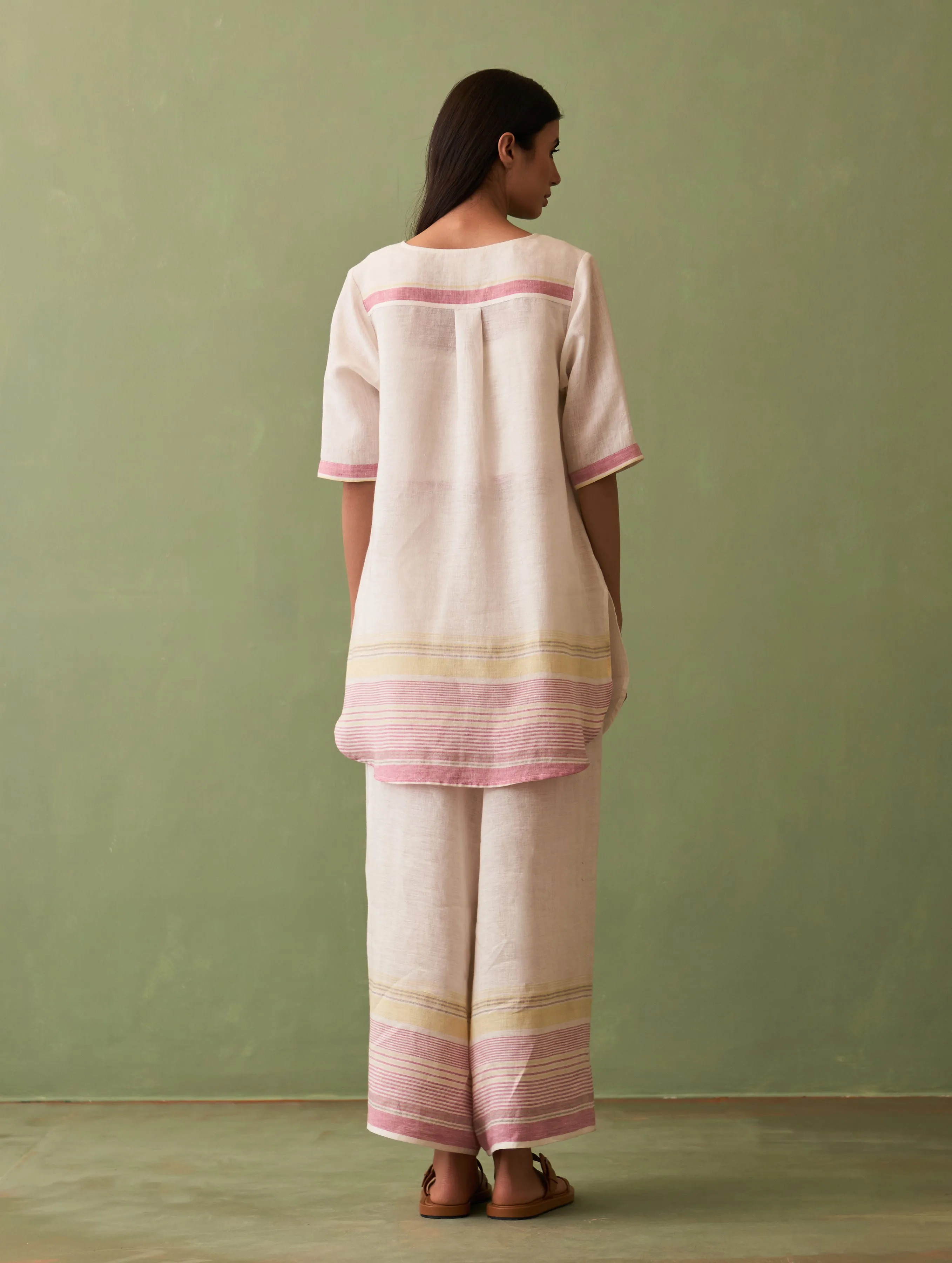 Zuri Border Linen Kurta Set - Ivory